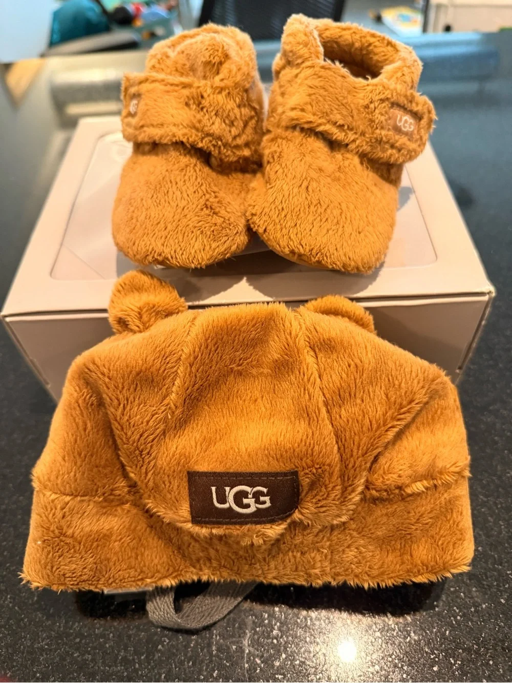UGG Kids Chestnut Fuzzy Booties and Hat Set